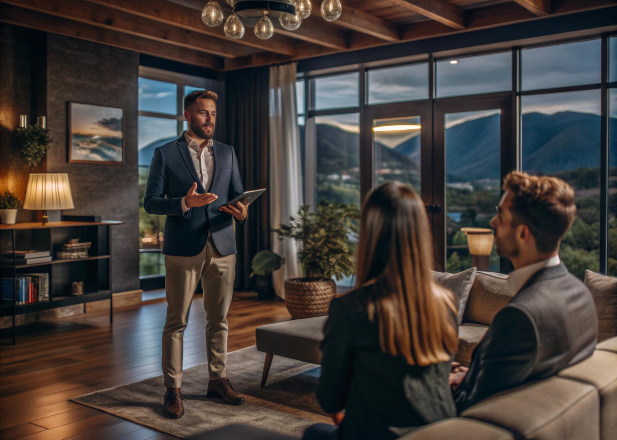 Agent discutând plan de vânzare într-un apartament luminos